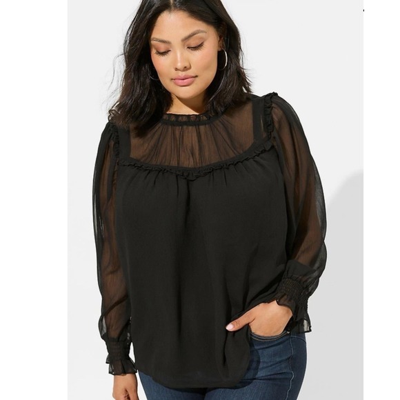 torrid Tops - Torrid Womens Plus Size 2 Black Sheer Mesh Yoke Ruffle Smocked Cuff Blouse Top